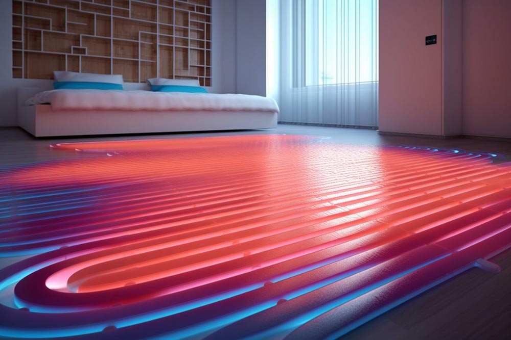 Underfloor heating pipes beneath a bedroom floor