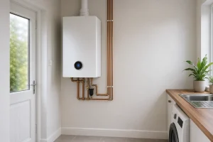 Clean wall mounted oil boiler in a compact utility room