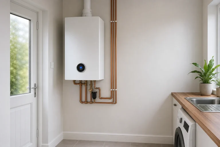 Clean wall mounted oil boiler in a compact utility room