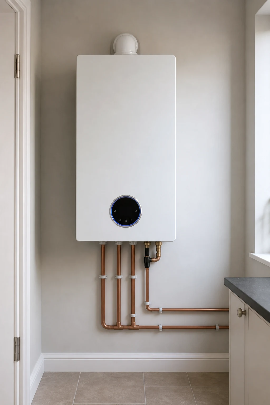 Tidy copper pipework below a wall mounted oil boiler