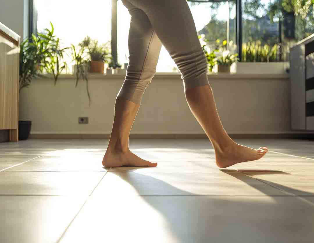 Bare feet on a tiled floor with underfloor heating
