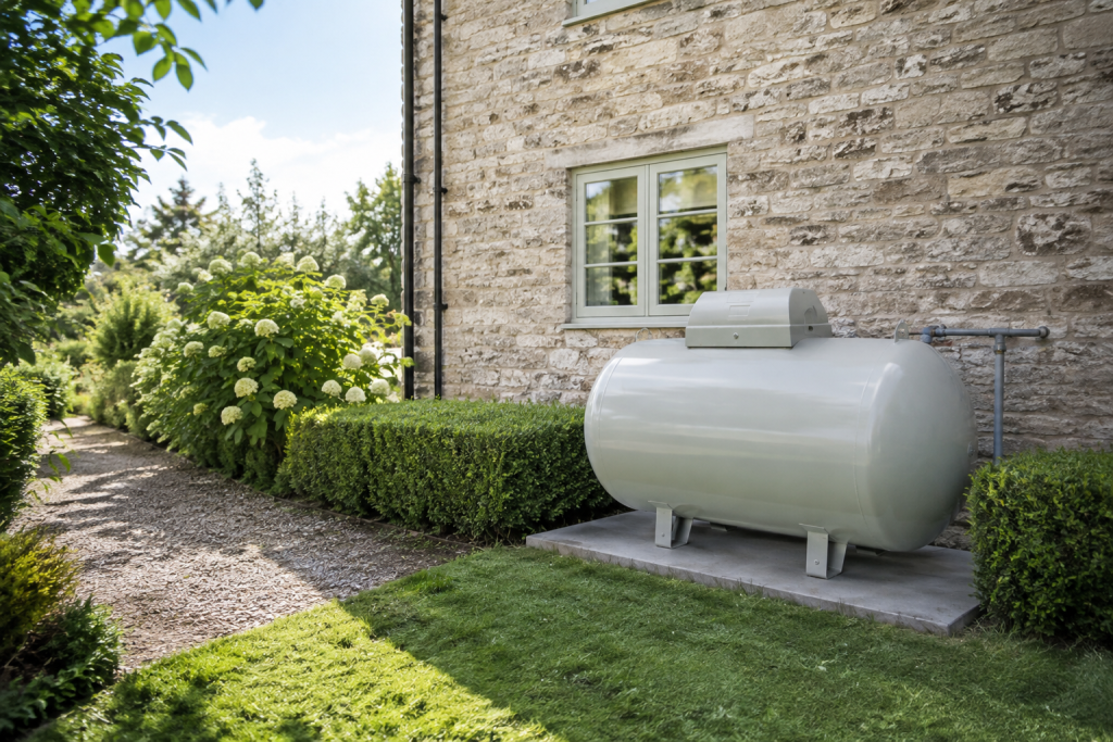 Domestic LPG tank in a landscaped garden