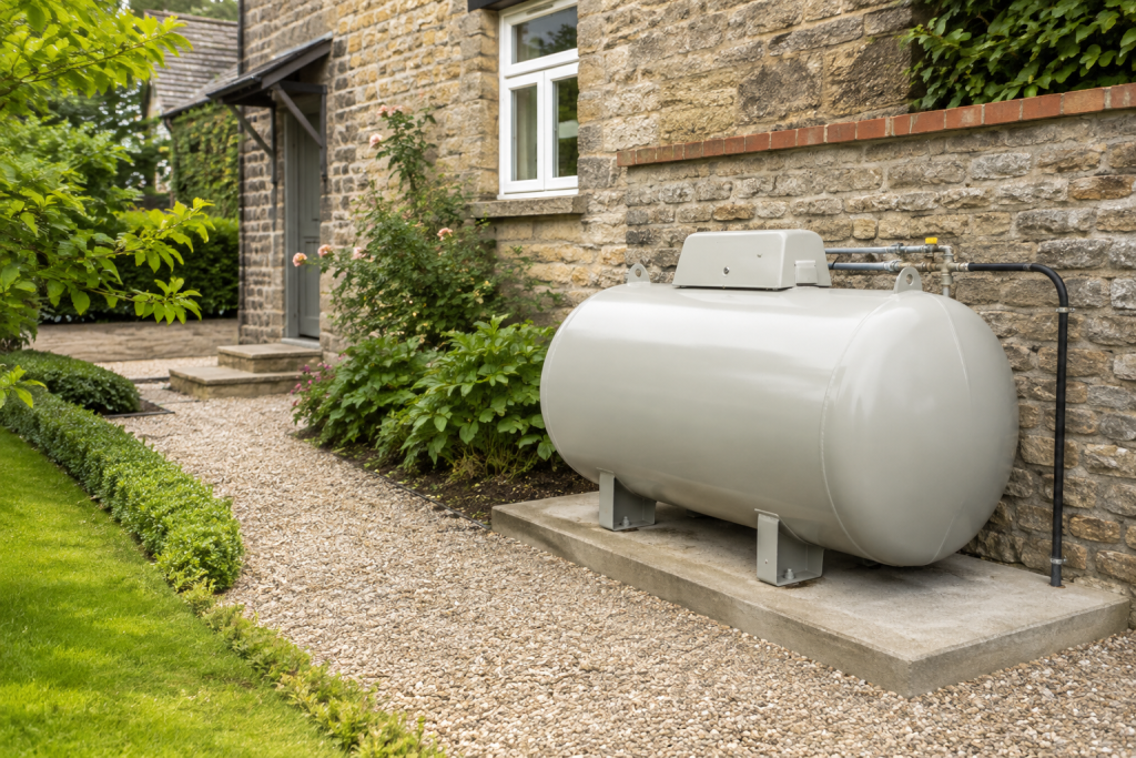 LPG tank installed beside a stone house