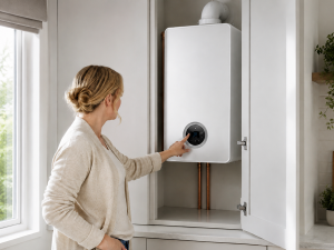 Homeowner adjusting the controls on a new gas boiler