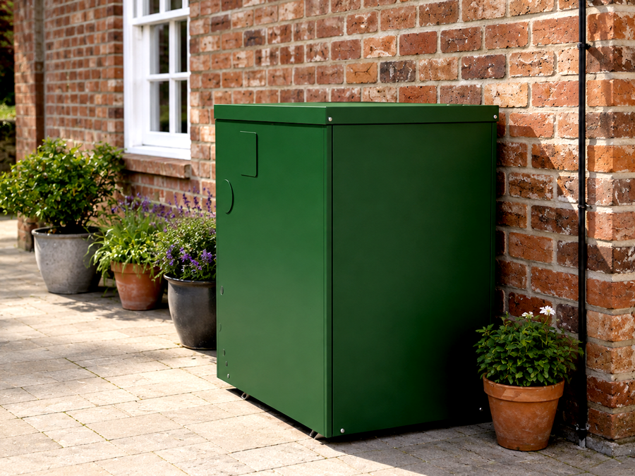 Outdoor oil boiler cabinet beside a brick house