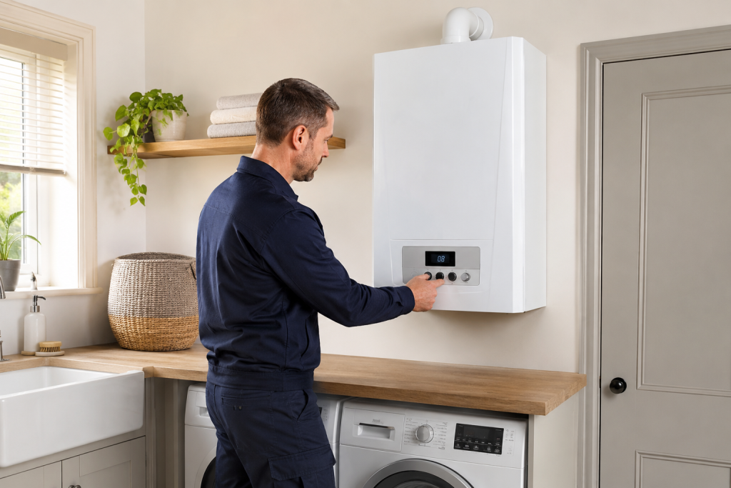 Engineer setting the controls on a wall-mounted oil boiler in a utility room