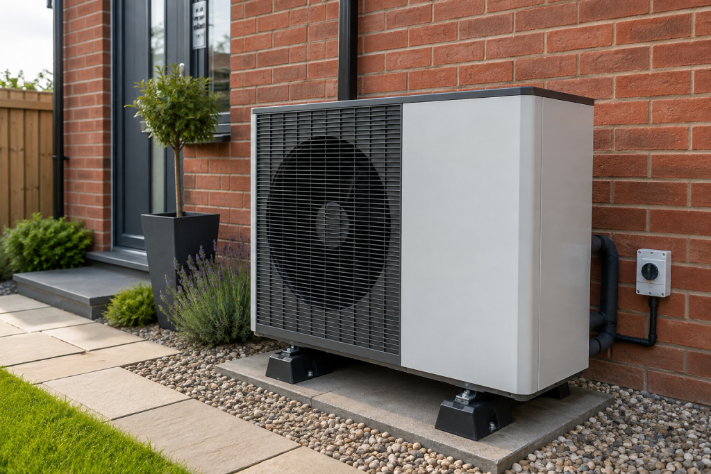 Air source heat pump installed outside a brick house