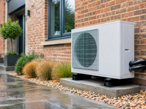 Air source heat pump outside a brick house